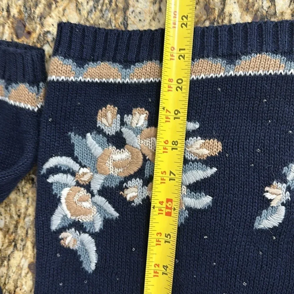 Carole Little Petites Vintage Floral Embroidery Beaded Pullover Sweater Size P